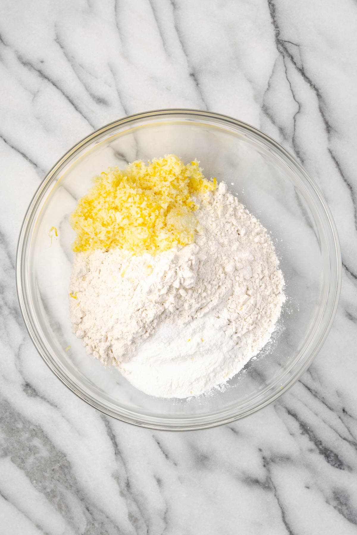 Dry ingredients combined in a large mixing bowl.