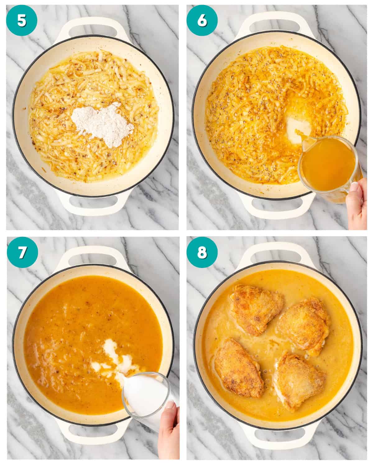 Four images showing how to make onion gravy and the chicken thighs being cooked in the gravy.