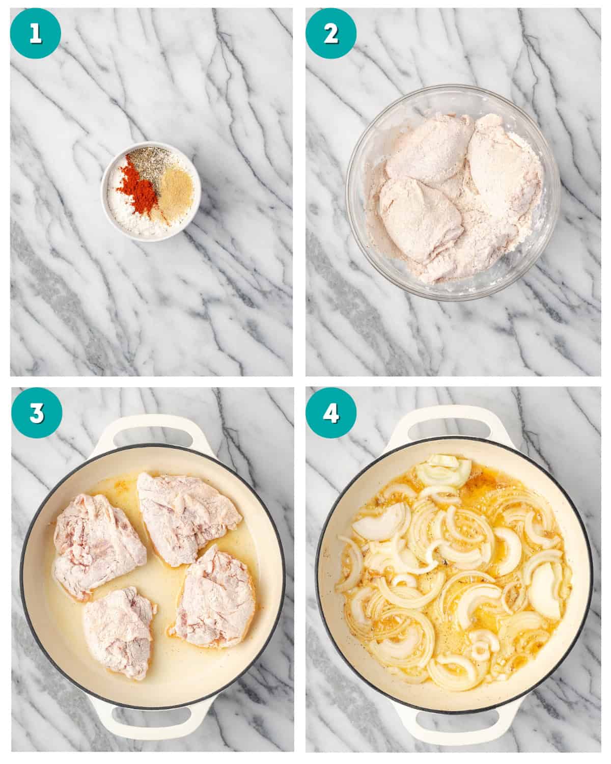 Four images showing the seasoning being mixed, covering the chicken and cooking the chicken and onions in a large pan.