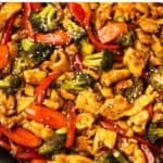 Pin for chicken teriyaki with broccoli, carrots and red bell peppers.