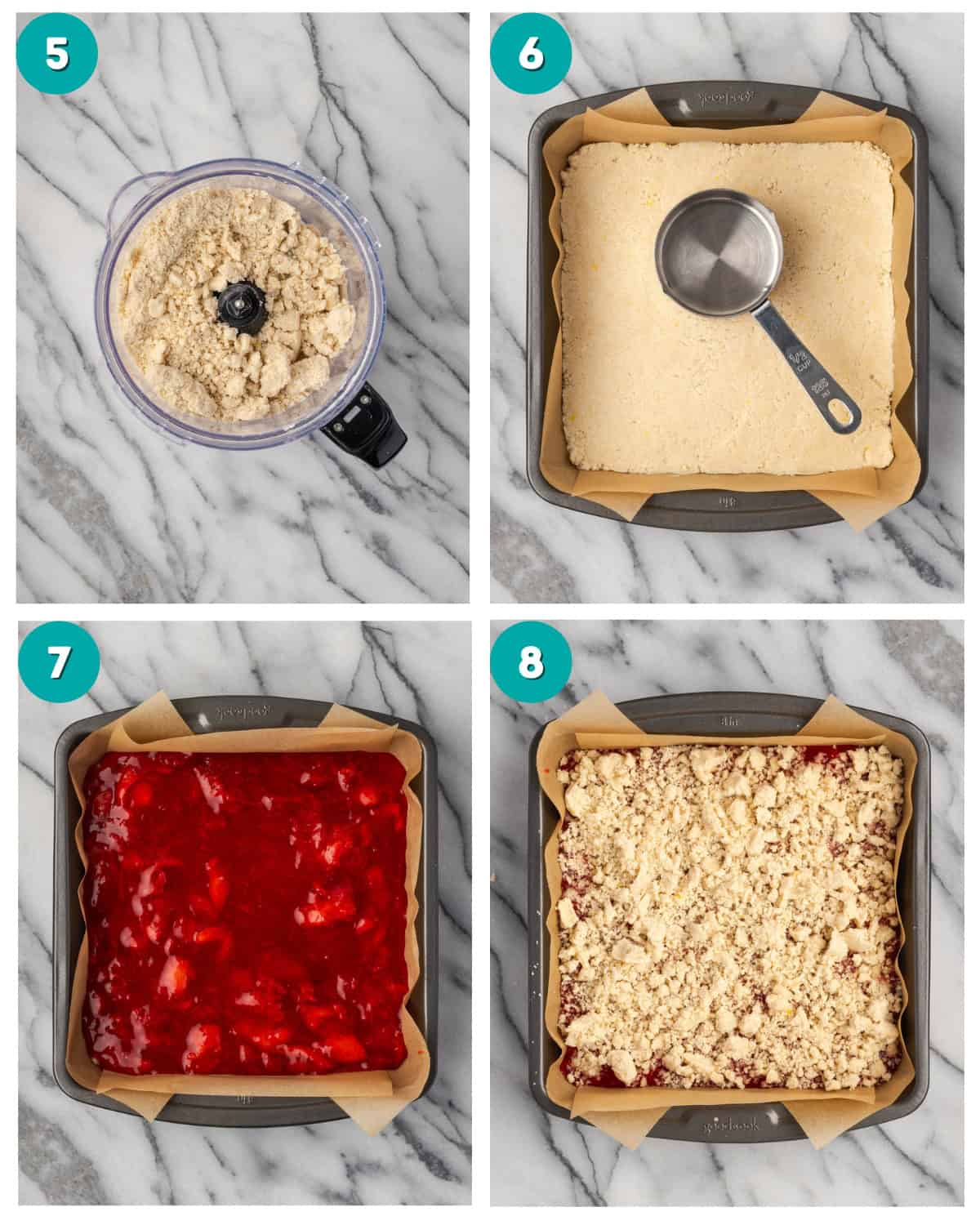 Step by step photos showing the crust ingredients in the food processor, then the dessert being assembled with a layer of pressed in crust, strawberry jam, then the remaining crust crumbled over the top. 