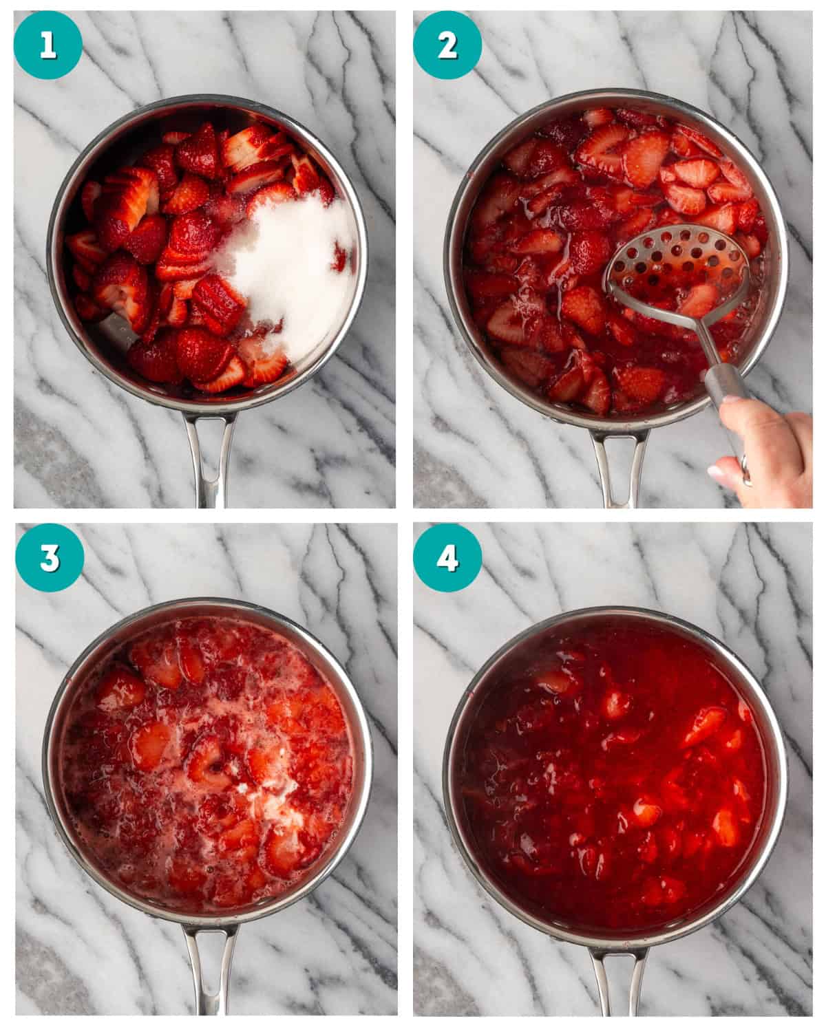 Step by step photos for making homemade strawberry jam filling in a saucepan.