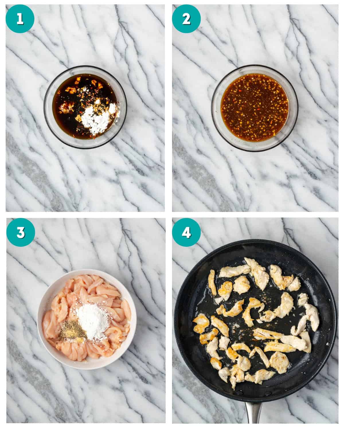 Step by step photos showing the teriyaki sauce being mixed and the chicken being cooked in a large skillet.
