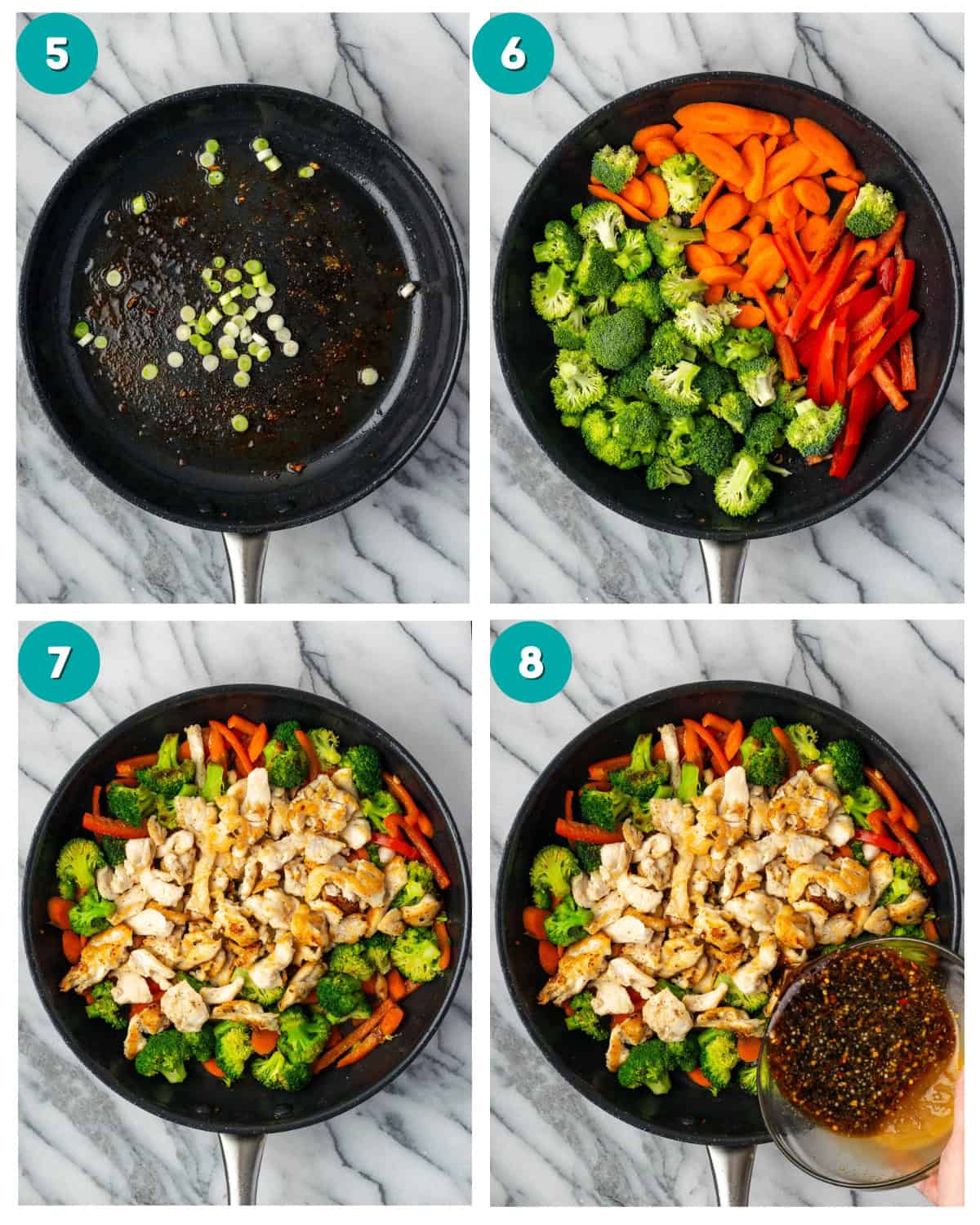 Step by step photos showing how to cook the stir fry vegetables, adding the chicken to the pan and finally the teriyaki sauce.