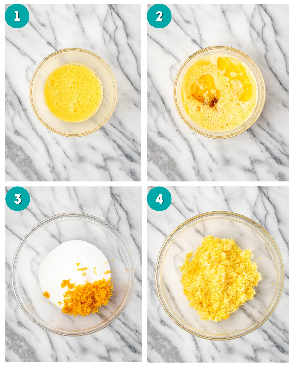 Step by step photos showing the wet ingredients being mixed in a small bowl and the orange zest being rubbed into the sugar.