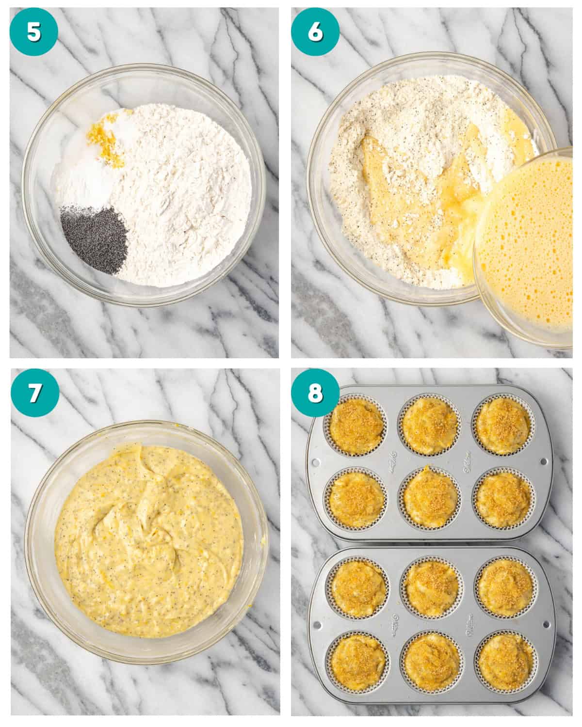 Step by step photos showing the wet and dry ingredients being mixed together and the muffin batter portioned into a baking pan.