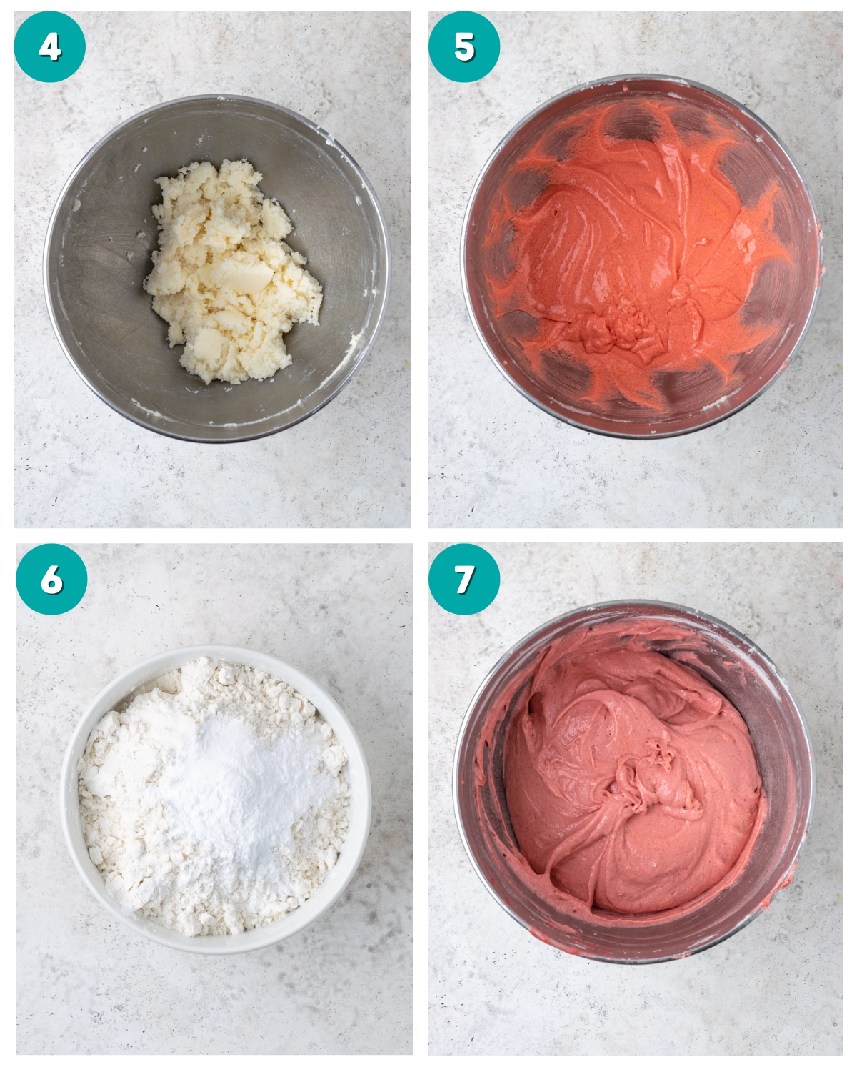 Step by step photos showing the strawberry cupcake batter being mixed. 
