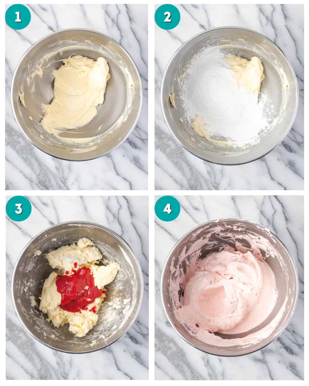 Step by step photos showing strawberry buttercream frosting being mixed in a metal bowl. 