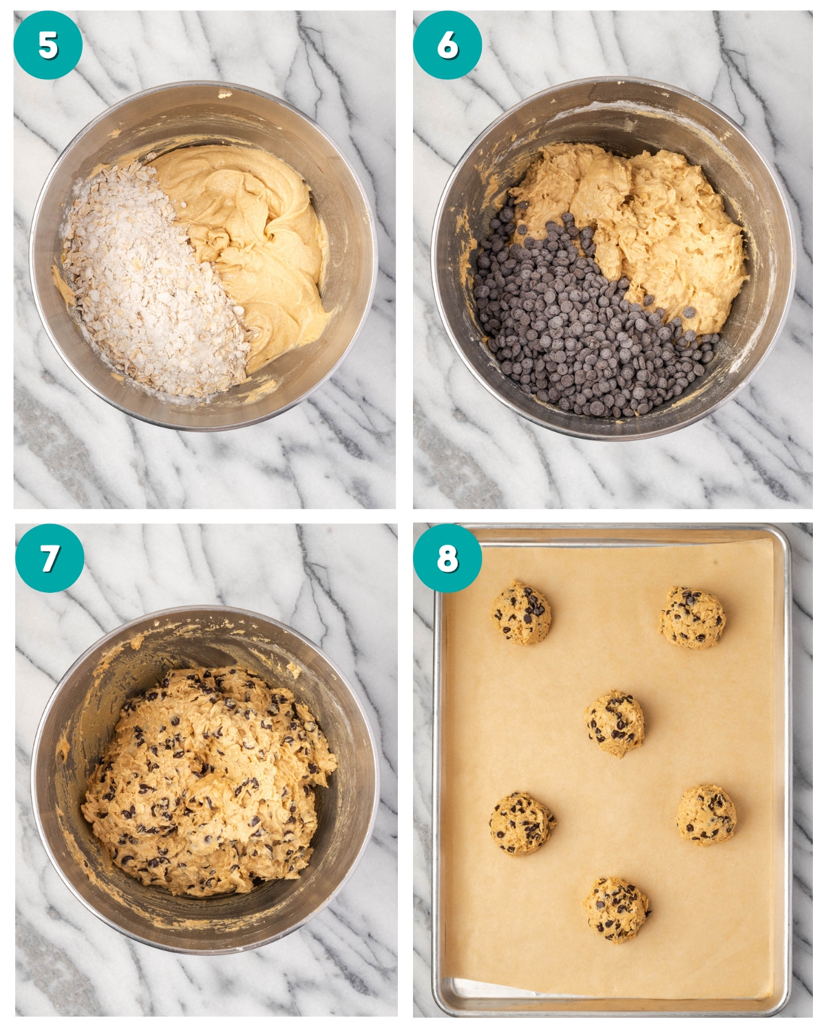 Step by step photos showing dry ingredients added to cookie dough along with chocolate chips then the cookie dough balls on a baking sheet.