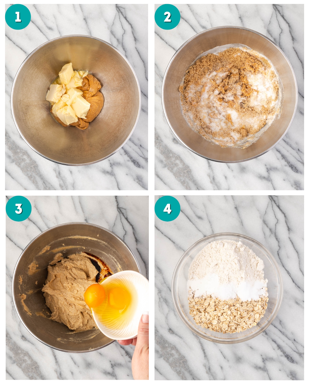 Step by step photos showing peanut butter oatmeal cookie dough mixed in a large metal bowl.