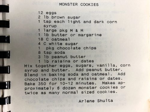 Recipe for monster cookies photographed from an old cookbook.